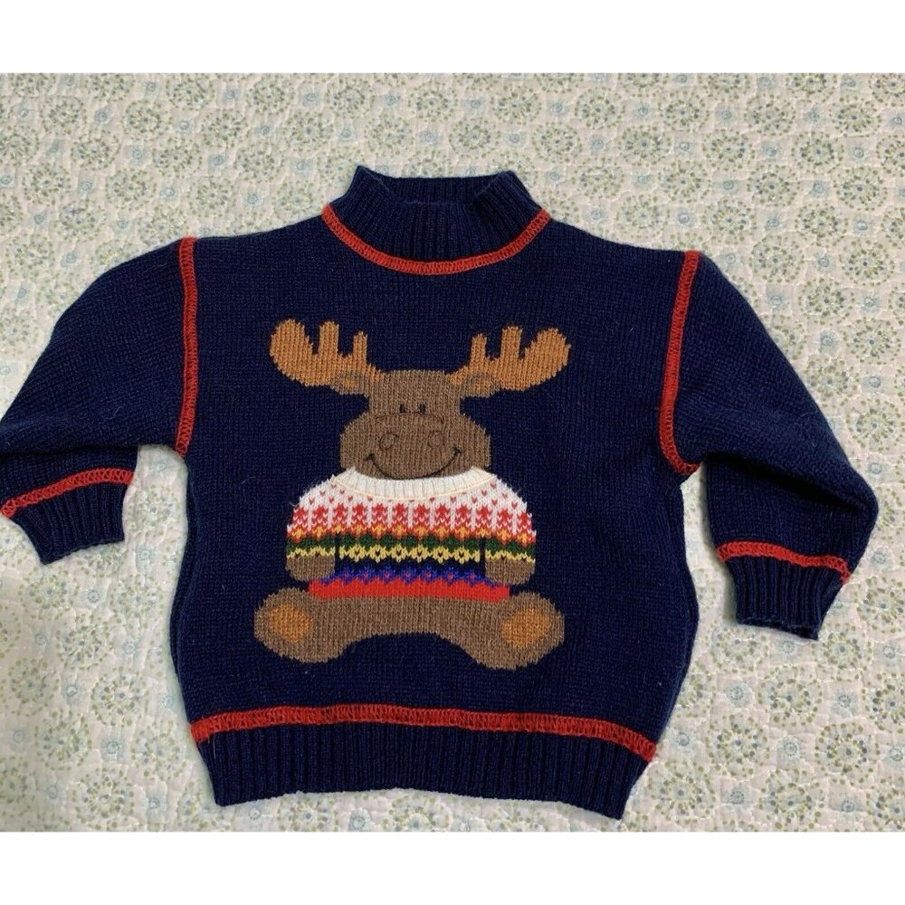 Moose Sweater Pullover Youth 12 Months Dk Blue Red High Neck Warm